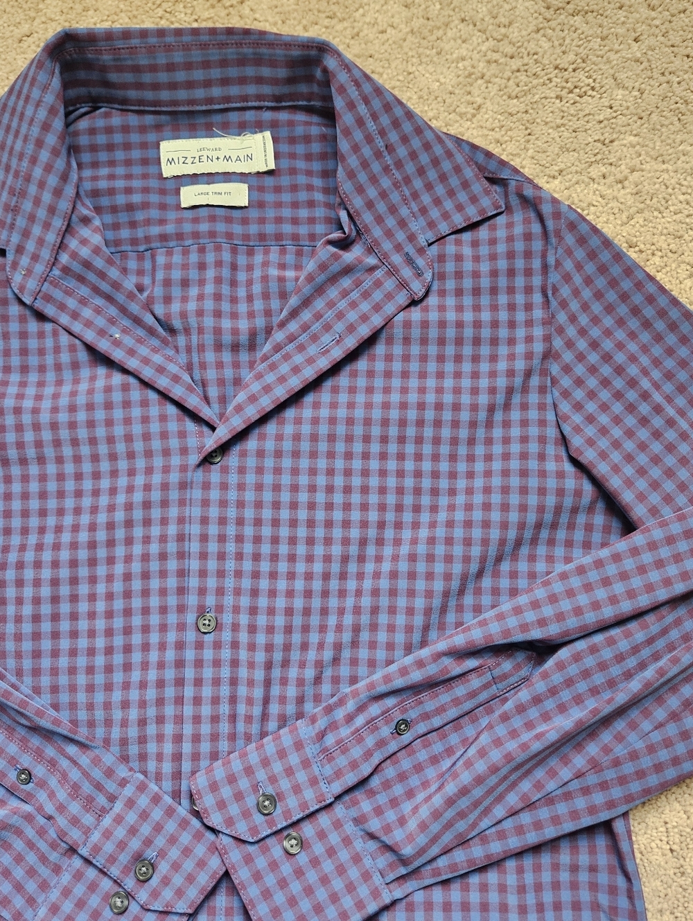 Mizzen Main Leeward Shirt Men's Trim Fit  L Purple Blue Plaid Button Up Stretch